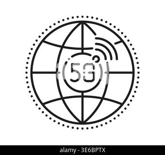 5G high speed global communication tech line icon or sign. Wireless network and international communication lineart icon, mobile signal transmission linear vector sign. 5G network pictogram with globe Stock Vector