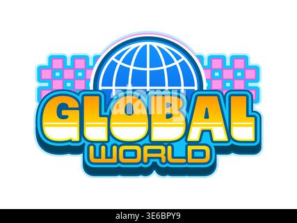 Y2k streetwear global world vintage label or symbol. Apparel graphic Y2K nostalgic sticker, brand futuristic vector label. Streetwear icon with glossy orange typography, pink pixels and planet globe Stock Vector