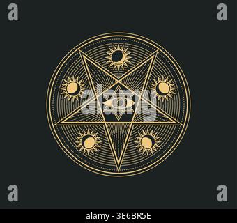 Mystical, magic and astrology occult symbol with central radiant star surrounded by smaller suns. Esoteric Star of David and watchful eye with sacred magic for mystical amulets, or fantasy book Stock Vector