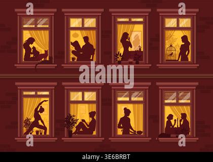 Neighborhood night windows life scenes with people silhouettes. Man reads newspaper, girl talks on the phone and others are cooking, doing yoga or relaxing. Cozy lifestyle silhouettes Stock Vector