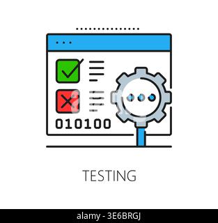 Software program code icon, computer system operate and development. Vector code testing icon featuring browser window with green checkmark, red error mark and gear magnifier symbol for tech websites Stock Vector