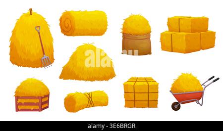 Farm hay and straw haystack, rolls and bale, loose piles, tied bundles, stacked cubes. Cartoon vector wooden crate storage, tied bundle and wheelbarrow with hay, rural farming harvest of dry grass set Stock Vector