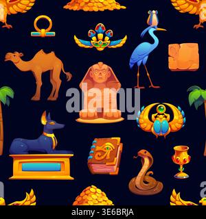 Ancient Egypt symbols seamless pattern with cartoon sphinx, scarab, camel, hieroglyphs, gold treasures, Anubis statue, snake, book of spells, palm trees, and Egyptian birds on dark vector background Stock Vector