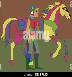 Hand‑traced cubist illustration of a horse and jockey, contemporary equestrian fine art. Stock Vector