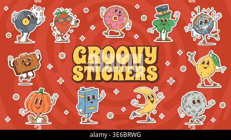 Cartoon groovy characters vector stickers. Dancing vinyl record, strawberry in sunglasses, pink donut, green clover in hat, disco ball, lemon with drink, smiling pumpkin book and suitcase personages Stock Vector