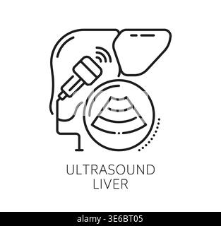 Chronic liver diseases and therapy, medical line icon. Clean linear symbol depicting the human liver and ultrasound machine. Minimalist vector emblem for patient education materials, medical website Stock Vector