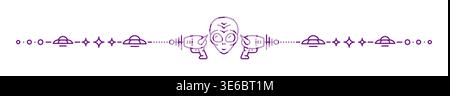 Outer space alien invader and astronomy line divider or border frame. Cosmos exploration spacer or separator vector line. Galaxy outer space divider with alien face, laser pistol and flying saucers Stock Vector