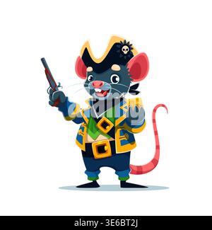 Cartoon rat or mouse pirate vector character stands proudly dressed in a dark blue and yellow coat with green vest underneath. Corsair holds a pistol in one hand and a piece of cheese in other Stock Vector