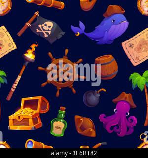 Pirate and corsair seamless pattern background with whale and Jolly Roger flag. Cartoon vector pattern with torch, rum barrel, dynamite, octopus and spyglass wallpaper or treasure hunt game pattern Stock Vector