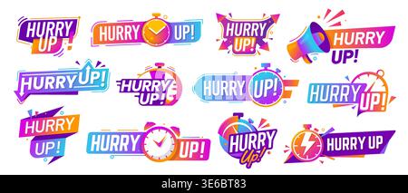 Hurry up icons with stopwatch clock and megaphone for sale or last minute deal offer, vector banners. Hurry up labels for promotion limited time timer badges for sale promo and special discount deal Stock Vector