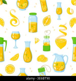 Cartoon citrus lemon fruit juice or lemonade drinks seamless pattern with citrus slices, jars, pitchers, glasses and yellow lemonade ornament. Vector seamless tile background, wallpaper or textile Stock Vector