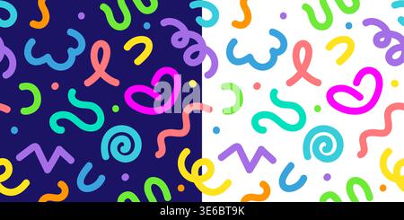 Kids holiday squiggle seamless pattern backgrounds with abstract fun shapes in vector design. Colorful funny shapes and squiggle doodle twirls or scribble swirl lines for kids pattern backgrounds Stock Vector