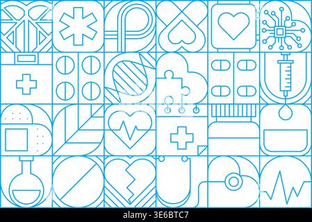 Modern geometric medicine and health care pattern of medical shapes, vector background. Medicine pattern of cardiology heart, pills and blood donation drops with doctor stethoscope and syringe Stock Vector