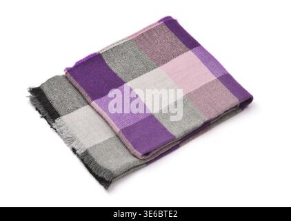 Folded soft plaid woolen scarf isolated on white Stock Photo