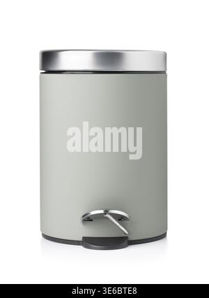 Front view of gray steel pedal trash can isolated on white Stock Photo