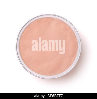 Top view of liver pate in aluminum cup isolated on white Stock Photo