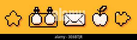 Back to School pixel art yellow elements. Star, puzzle piece, two flasks, Envelope, apple simple details. Stock Vector