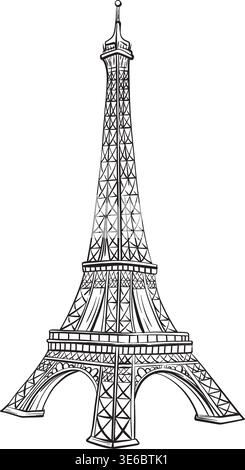 Eiffel Tower Paris Landmark Black and White Vector, Outline Line Art Illustration, Travel Architecture Clipart Isolated Stock Vector