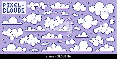 Set of pixel art game white clouds. Stock Vector