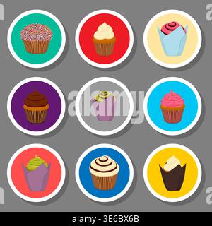 Illustration on theme set symbols for cake cupcake, logo cake cupcake consisting of flat design with elements mobile web apps, collection modern infog Stock Vector