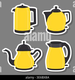 Illustration on theme set symbols for electric kettle with lid for tea, logo electric kettle for tea consisting of flat design with colored element, m Stock Vector
