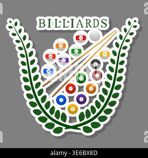 Illustration on theme modern emblem with long wooden cue for billiards sport, logo consisting of sport sign with decorative flourishes cue for billiar Stock Vector