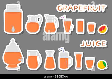 Illustration on theme big kit different types glassware, grapefruit jugs various size, glassware consisting of organic plastic jugs for fluid grapefru Stock Vector