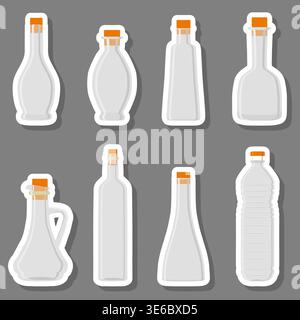 Illustration on theme large set symbols for empty bottles with cork for oil, logo empty bottles to oil consisting of flat design with colored elements Stock Vector