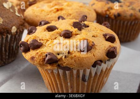 A view of a chocolate chip muffin. Stock Photo