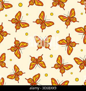 Butterflies in a pattern on a light background with circles, showcasing different designs and orientations throughout the surface Stock Vector