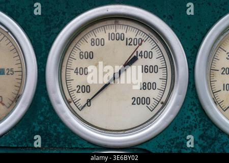 Industrial Analog Pressure Gauges Mounted on Green Control Panel Surface. High quality photo Stock Photo