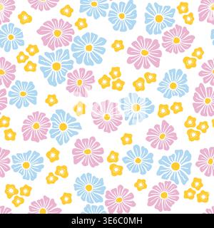Hand drawn seamless pastel floral pattern with simple abstract daisy shapes and tiny flowers, light spring background in blue, pink and yellow colors Stock Vector