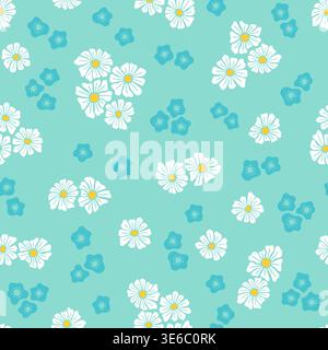 Hand drawn seamless pastel floral pattern with simple abstract daisy shapes and tiny flowers, light spring background in blue and white colors on Stock Vector