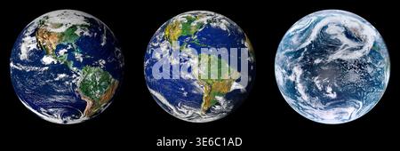 Set of three Earth globes isolated on black background with World map satellite view, header design. Stock Photo