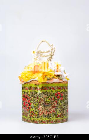 Easter cake with floral decoration and traditional ornament isolated Stock Photo