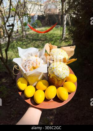 Easter eggs and iced muffins on plate in sunny garden Stock Photo