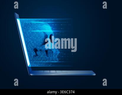 concept of computer virus or hacker, graphic of realistic skull with computer and binary code Stock Vector