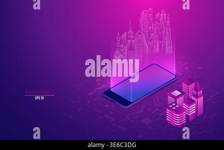 concept of augmented reality technology or AR, mobile phone with digital futuristic application Stock Vector