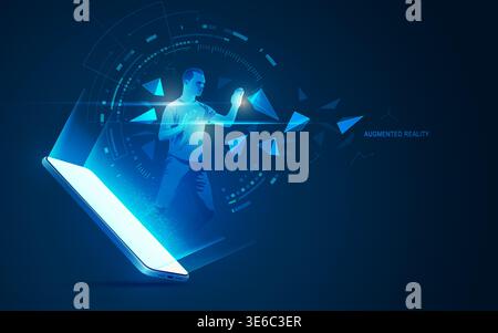 concept of augmented reality technology or AR, mobile phone with a user reaching to digital futuristic element Stock Vector