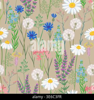 Seamless delicate wildflower meadow pattern on beige earthy background, soft botanical illustration with daisies dandelions herbs and field flowers Stock Vector