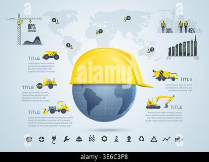 graphic of global construction industry infographics and icons, engineer cap with globe Stock Vector