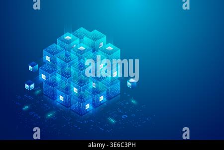 concept of block chian technology or big data, graphic of cubes with binary code and futuristic element Stock Vector
