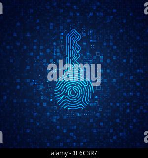 concept of cyber security or private key in cryptocurrency technology, shape of key combined with fingerprint and electronic pattern Stock Vector