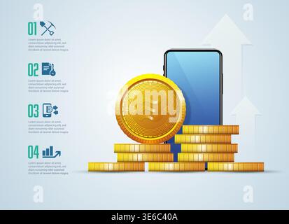 infographic of new cryptocurrency technology, Libra, pile of golden coins with mobile screen Stock Vector