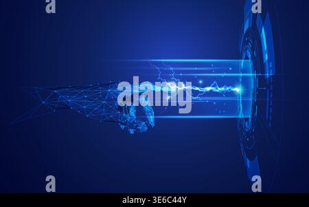 concept of machine learning or cyber security, wireframe hand reaching to digital technology elements Stock Vector