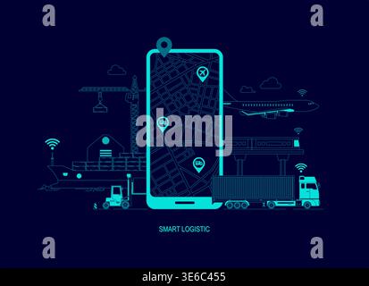 concept of smart logistics services technology, tracking application on mobile phone with cargo transportation Stock Vector
