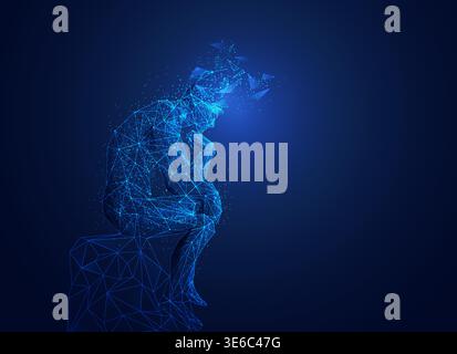 great thinker with broken head in wireframe polygonal style, brain thinking concept Stock Vector