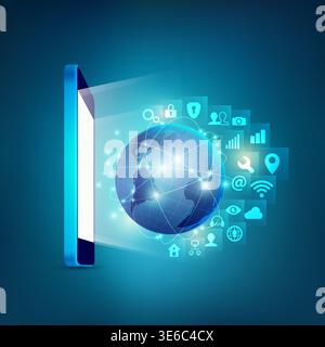 communication technology concepts, graphic of realistic mobile phone with globe and technology icons Stock Vector