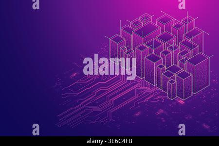 concept of smart city or digital city, graphic of buildings with electronic pattern in isometric Stock Vector