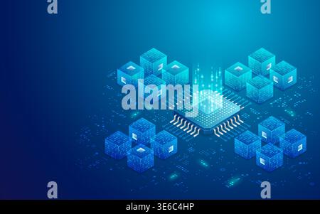concept of quantum computing or big data, graphic of microchip with futuristic cube and technology elements presented in isometric Stock Vector